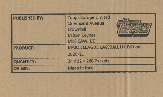 2020 Topps UK Edition Hobby Baseball, 12 Box Case