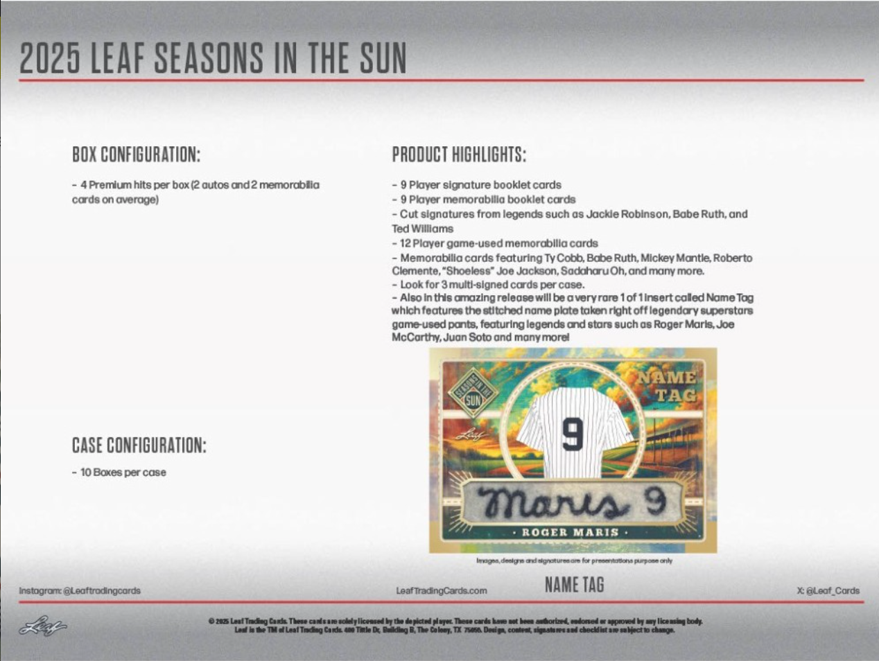 2025 Leaf Seasons In The Sun Baseball Hobby, 10 Box Case